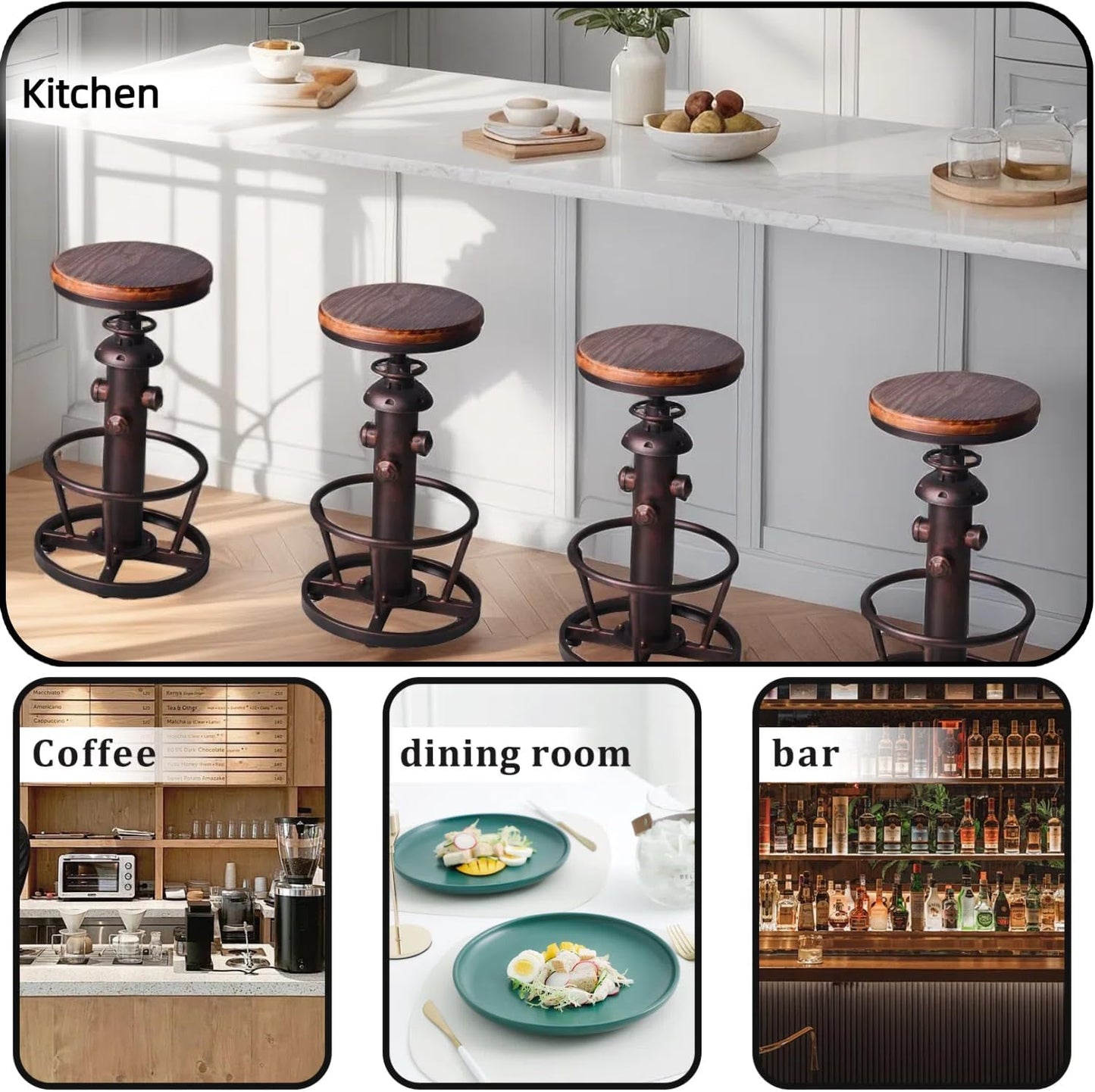 Vintage Swivel Bar Stool Industrial Coffee Kitchen Dining Chair Fire Hydrant Design Height Adjustable 24.8-30.7inch Solid Wooden Seat
