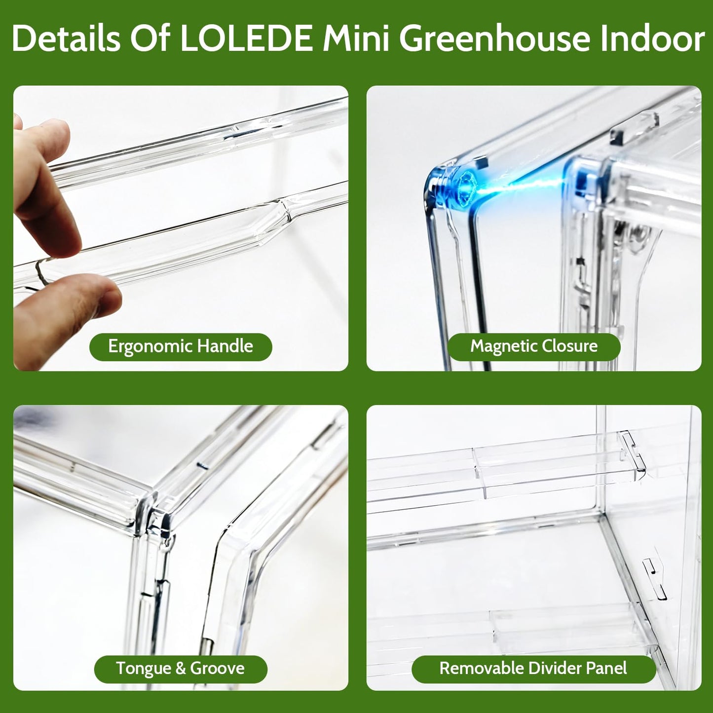 LOLEDE Clear Mini Greenhouse Indoor, Small Stackable Tabletop Portable Green House with Magnetic Door for Plant Seed Germination, Home Gardening Display,etc. (14.2x8.7x10.6in, 1 Pack)
