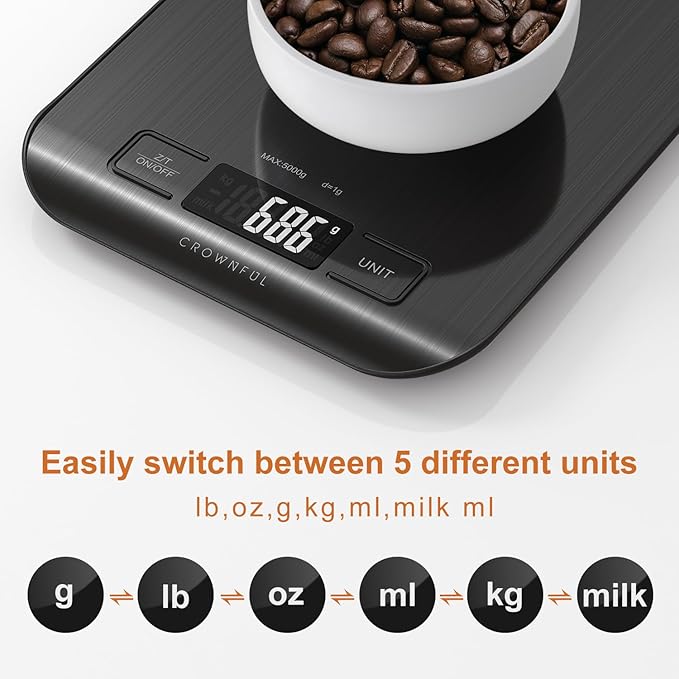 CROWNFUL Food Scale, 11 lb Digital Kitchen Scales with Built-in Coin Battery, Weight Ounces and Grams for Cooking and Baking, 6 Units with Tare Function, LCD Display, 304 Stainless Steel, Black
