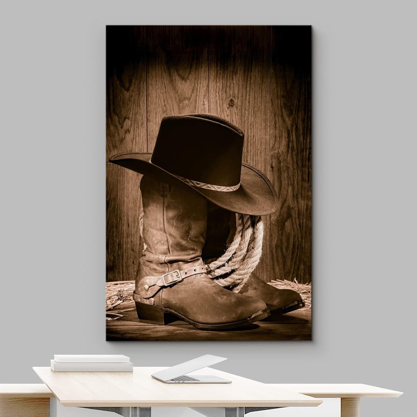 wall26 Cowboy Black Hat ATOP Western Boots Canvas Art Wall Art - 12"x18"