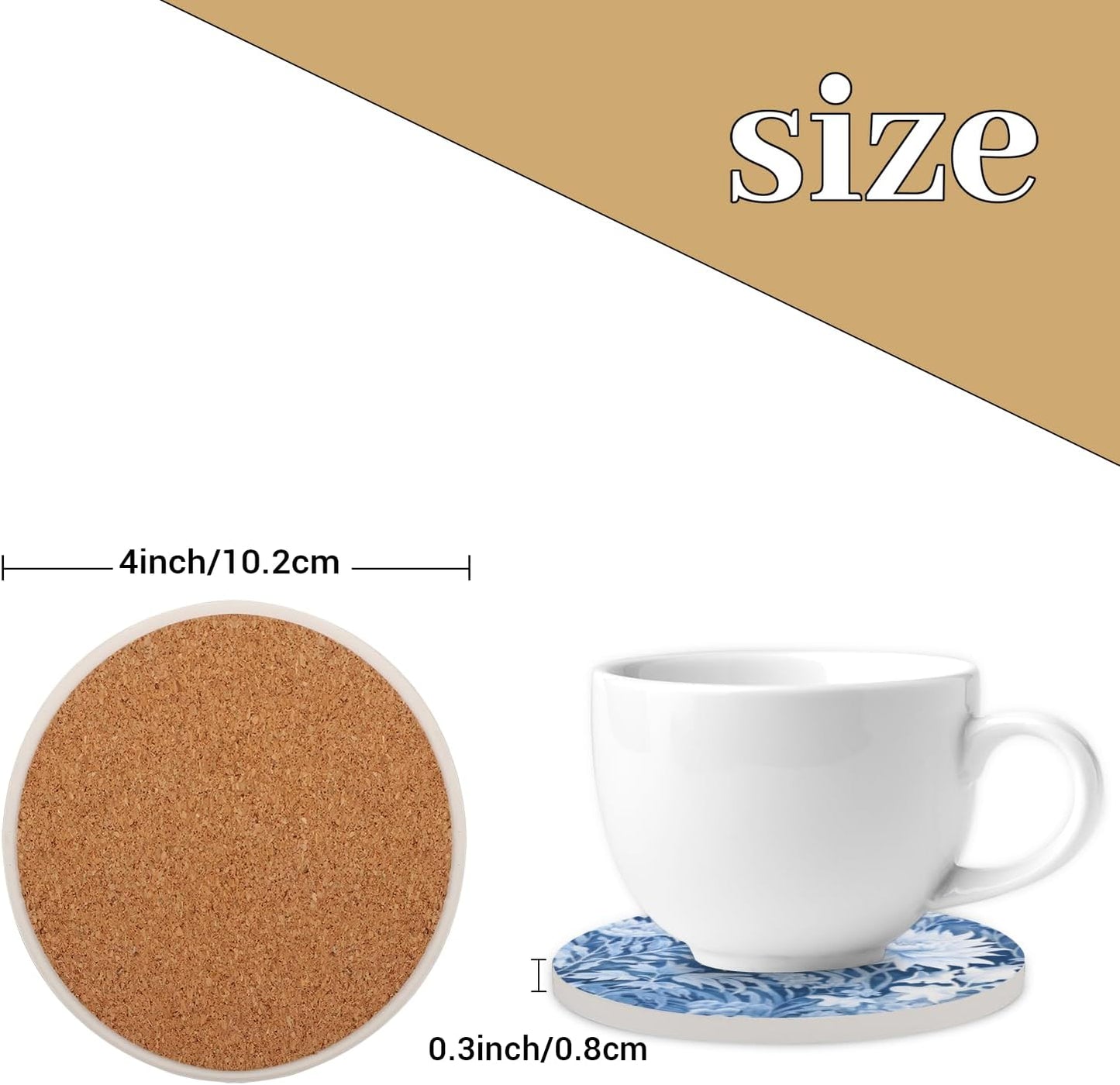 Ceramic Coasters for Drinks with Cork Back,Cyan White Floral 4 Inch Absorbent Coaster Set 4 Pack, Quick Dry Non-Slip Coaster Mats for Home, Office, Bar