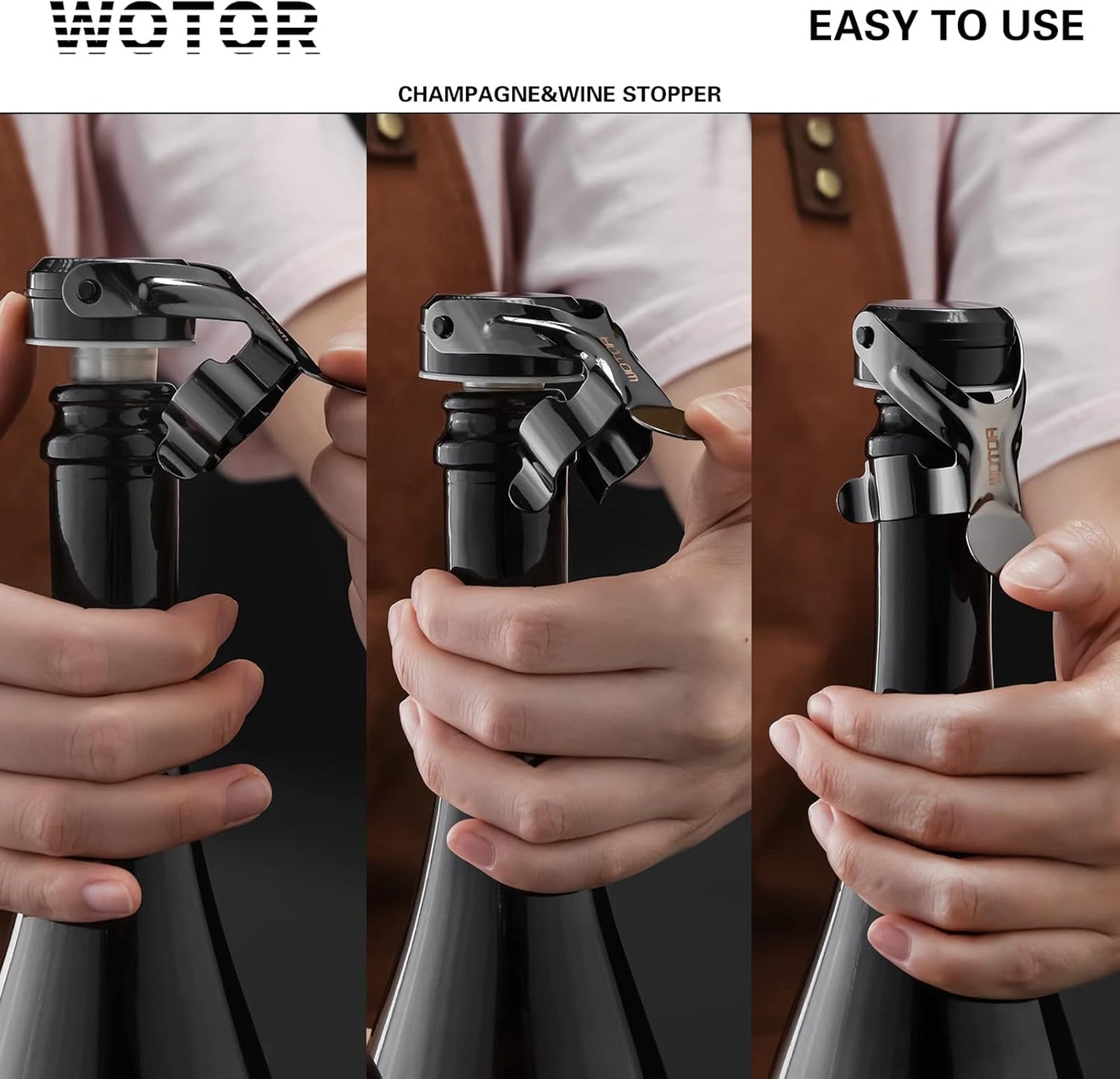 WOTOR Champagne&Wine Bottle Stoppers Stainless Steel with Food Grade Silicone, Leak Proof Keep Fresh Reusable Saver, Cork Suitable for Wine, Champagne, Cava, Prosecco and Sparkling (2 Pack Black）