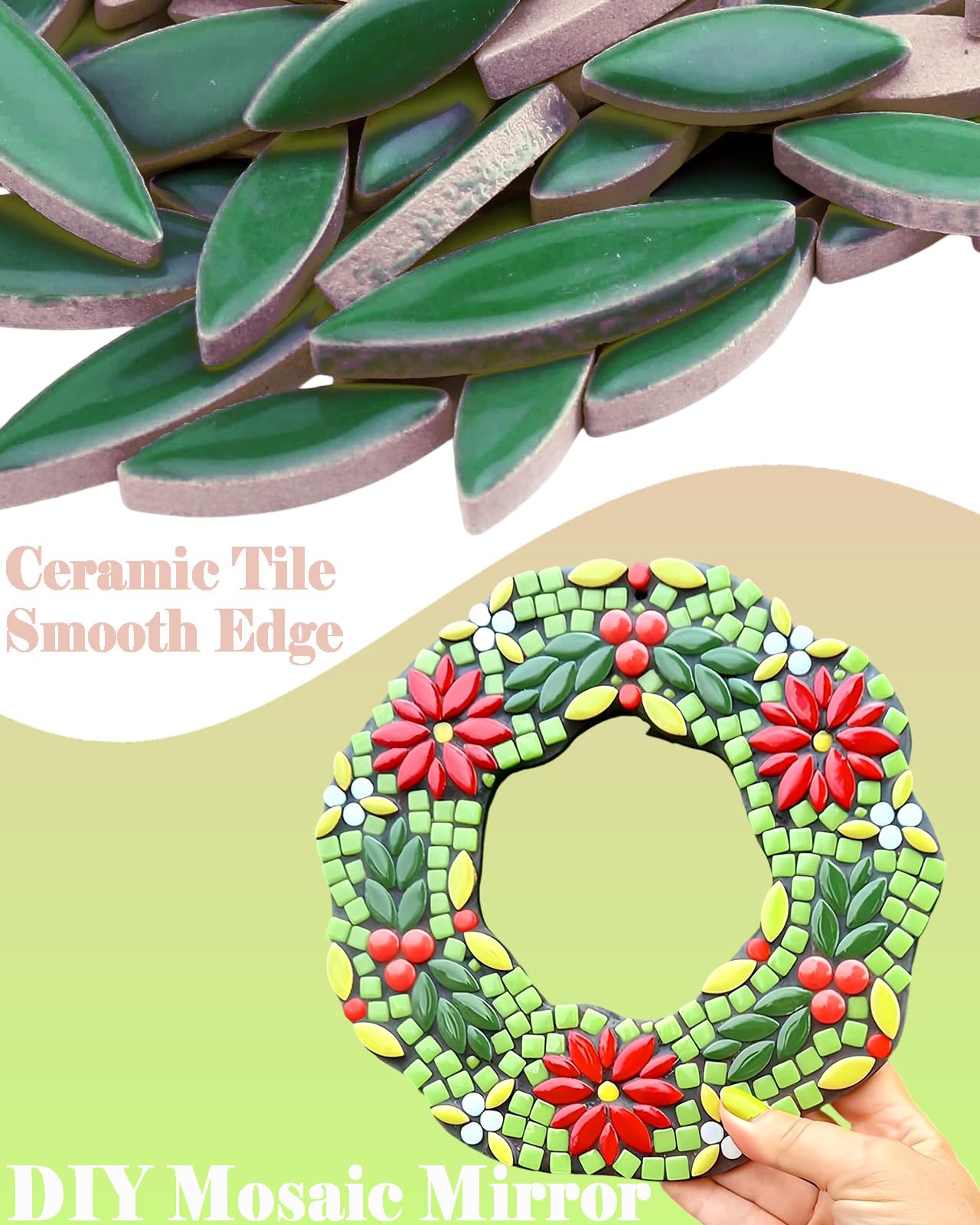 200g Ceramic Petals Bulk Mosaic Tiles for Craft, Small Oval Stepping Stone Kit, Glazed Porcelain Pieces for Coaster Tray House Number Mirror Lamp Home Decorations (Sage Green)