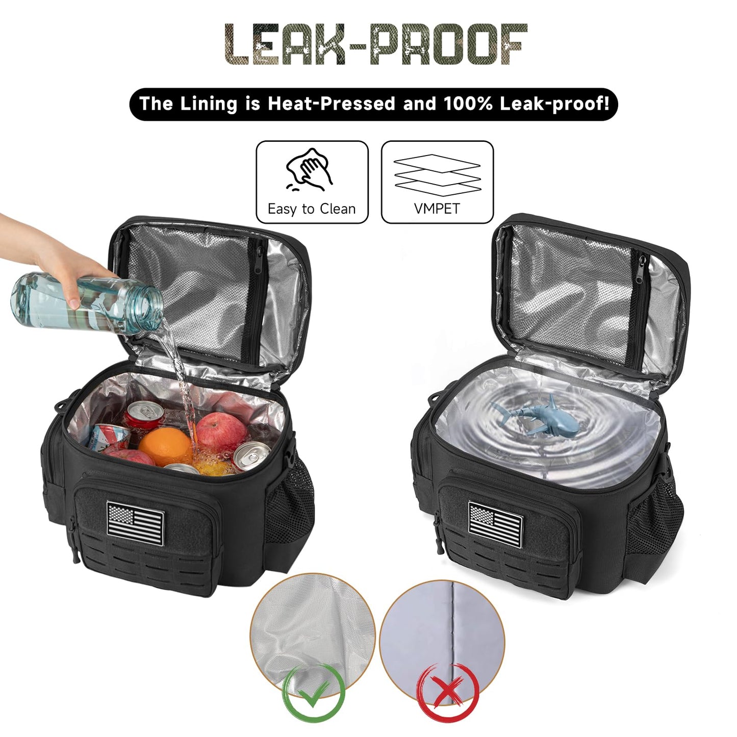 QT&QY Tactical Lunch Bag for mens Military heavy duty lunch box work Leakproof insulated Durable Thermal Cooler Bag for Adult Meal for Office Camping Picnic Pail MOLLE Webbing Black