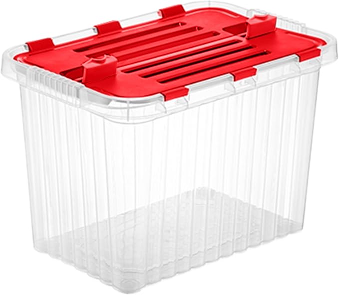 Superio Christmas Storage Box with Red Hinged Lids, Plastic Container Bins for Organizing with Attached Lid, Stackable Crates, BPA Free, Organizers for Home and Office, 53Quart (20.25"x14"x14.6")