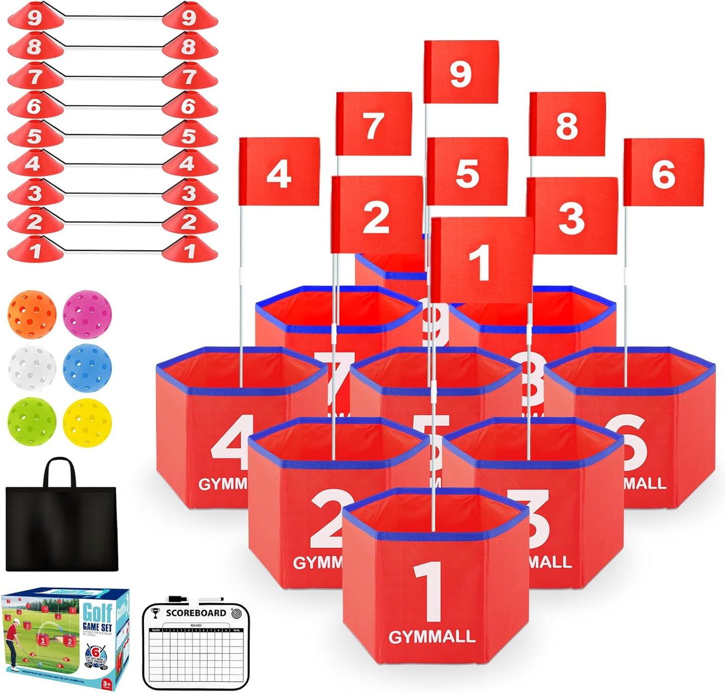Golf Bucket Yard Game, Backyard Golf Set for Kids, Adults and Family, Outdoor and Indoor Portable 9 Holes Golf Course with Balls, Flags and Carry Bag for Lawn, Park, Beach and Hotel - Red