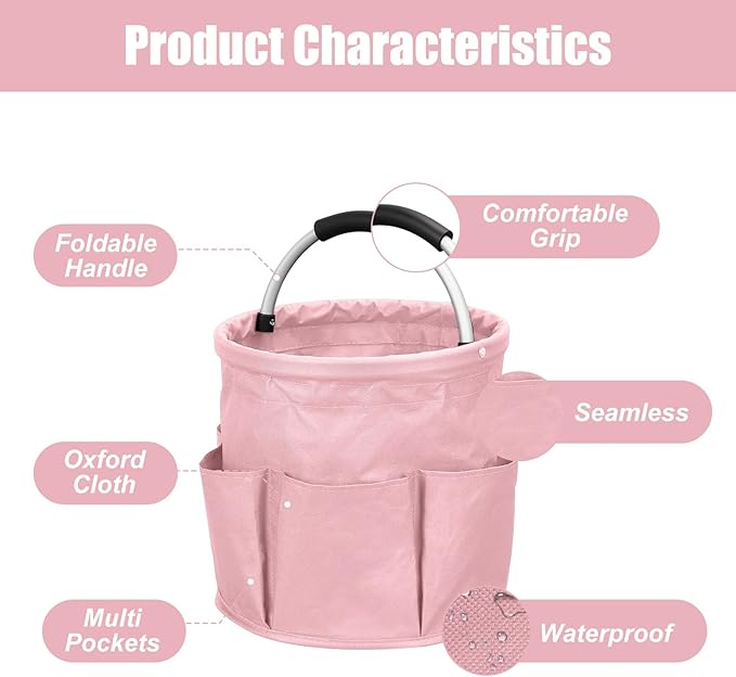 Cleaning Caddy for Cleaning Supplies, 17L Cleaning Supply Caddy with Handle Foldable Cleaning Supplies Organizer Bucket Tool Bag Organizer Cleaning Products Organizers for Home, Garden (Pink)