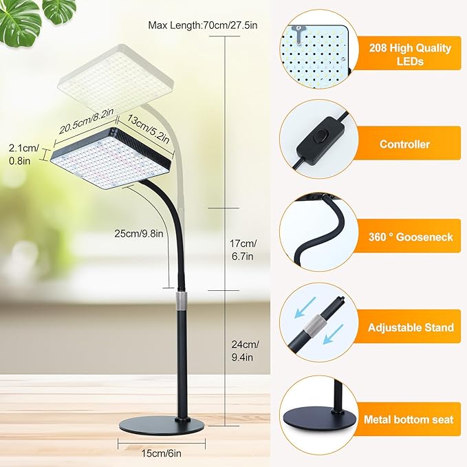 2026 Table Top Grow Light for Seedlings, Bonsai, Vegetable, Bright Natural Sunlight Full Spectrum, 4/8/12/16/20H Timer, 25 Watt Power, NO Need Adapter, 16"-24" Height Adjustable