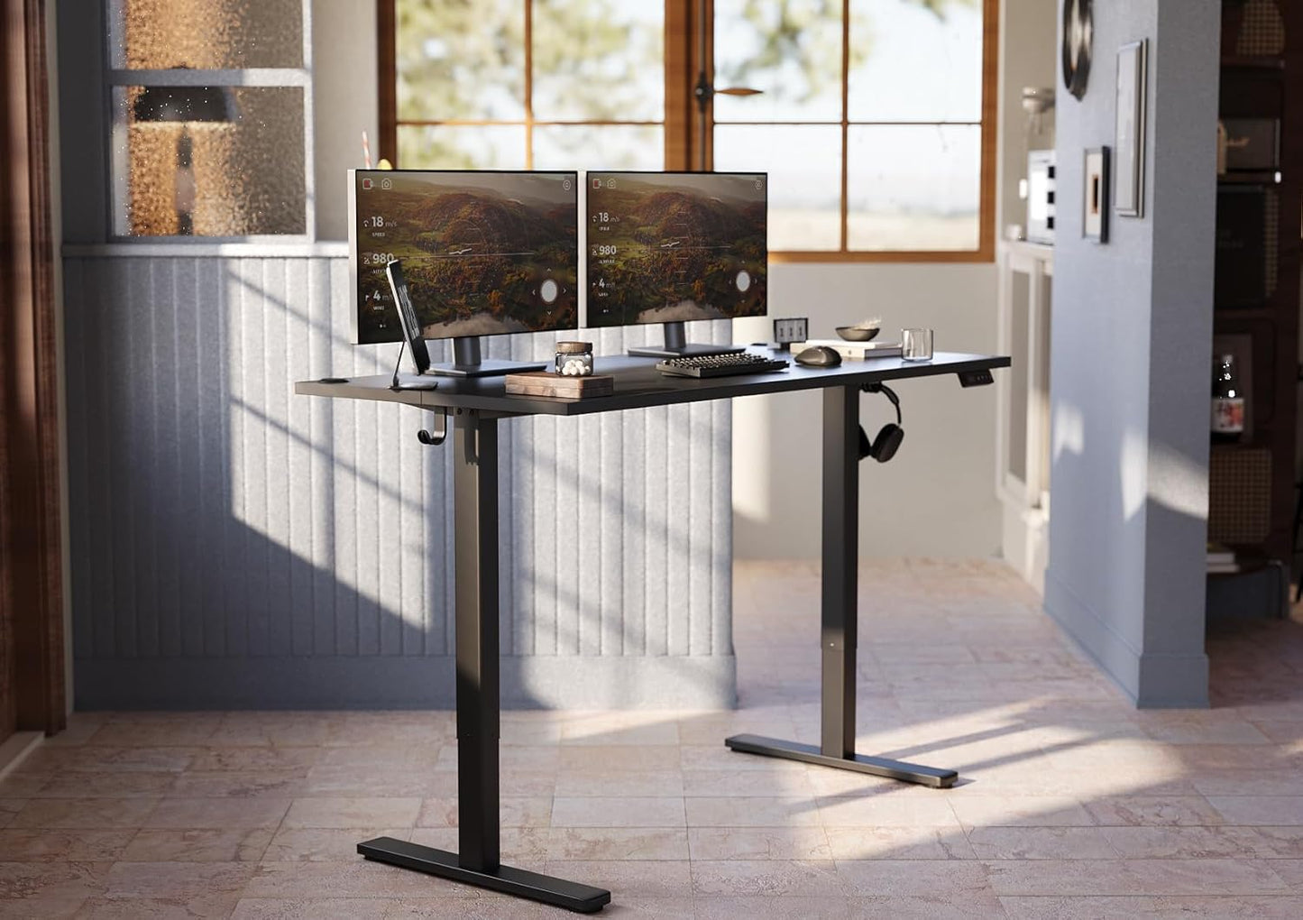 Seang Standing Desk with Adjustable Height, 63x24 Inch Electric Stand Up Desk for Home Office, Studio, Computer Workstation, Black Top
