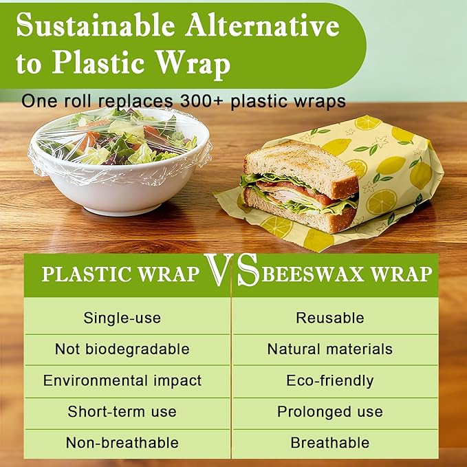 Reusable Beeswax Wraps For Foods, Cheese, Sandwich & Bread- 13 x 39'' Cut to Size - Eco-Friendly Food Storage Alternative to Plastic Wrap & Cheese Paper (Lemon Pattern001, 13x39'')