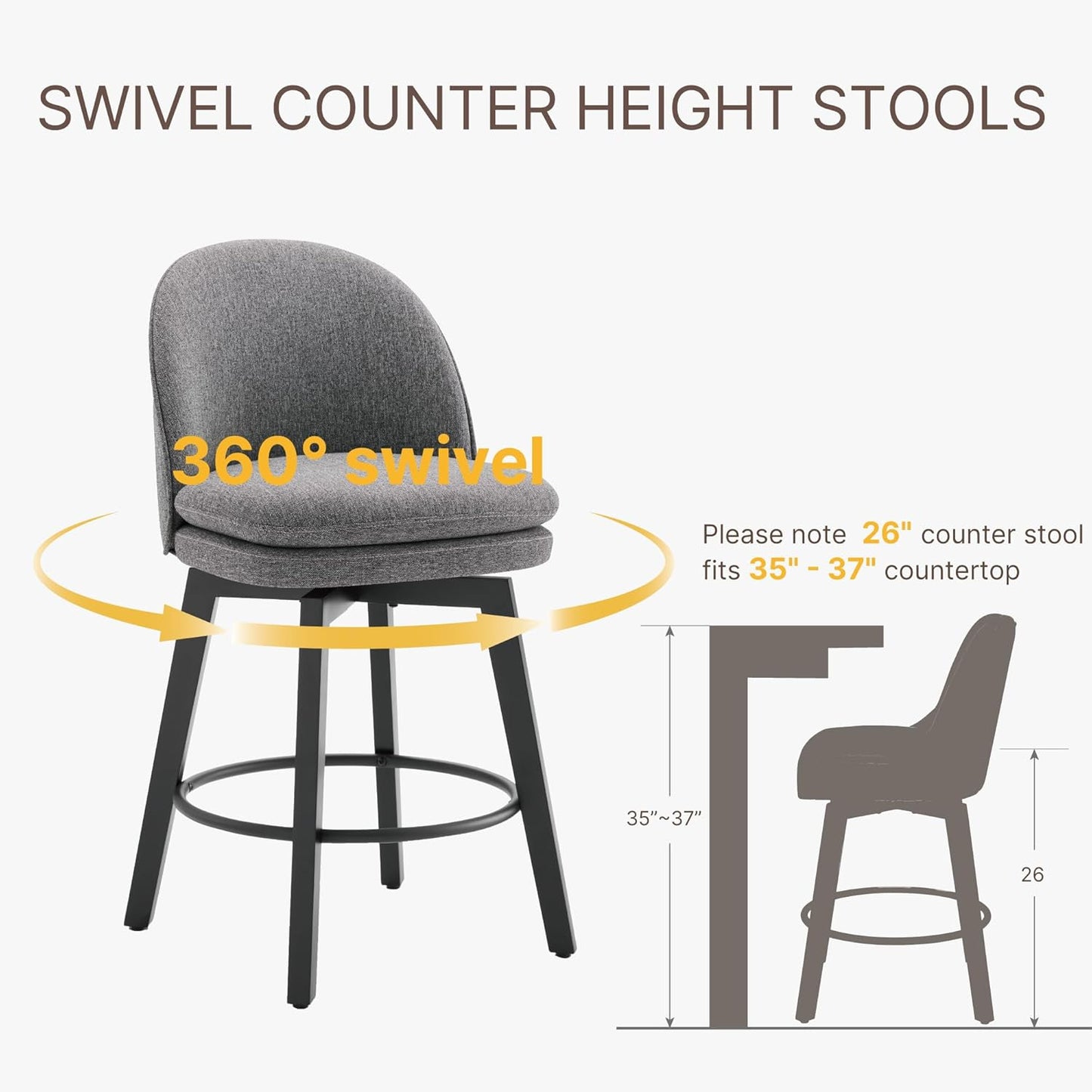 Counter Height Barstools 26 inch Upholstered Swivel Bar Stools with Back and Wood Legs for Kitchen Island,Set of 3,Dark Grey Fabric-Armless