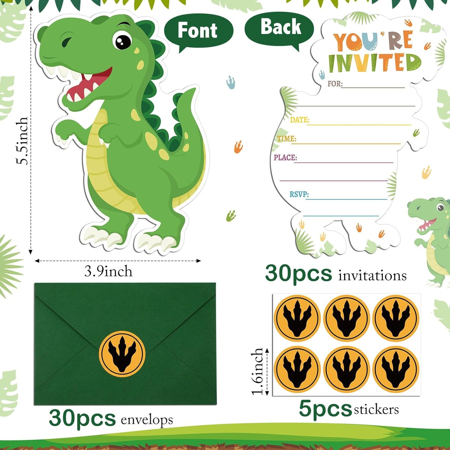 30 Sets Dinosaur Birthday Party Invitations Cards with Envelopes Stickers Dinosaur Footprints Jungle Themed Invitations for Boy Kids Birthday Dinosaur Party Supplies Decoration