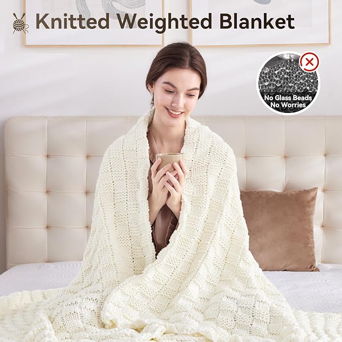 Knitted Weighted Blanket for Adult, No Beads Heavy Blanket 60” x 80'' 20lbs, Breathable Chunky Knit Blanket, Cooling Weighted Blanket for Hot Sleepers, Christmas Home Decor (Ivory White)