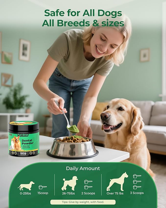 Dog Dental Powder, Dog Teeth Natural Cleaning Powder, Dogs Breath Freshener, Enzymes & Probiotic with Plaque and Tartar Off, Pets Tooth Cleaning 180g/6.36 oz