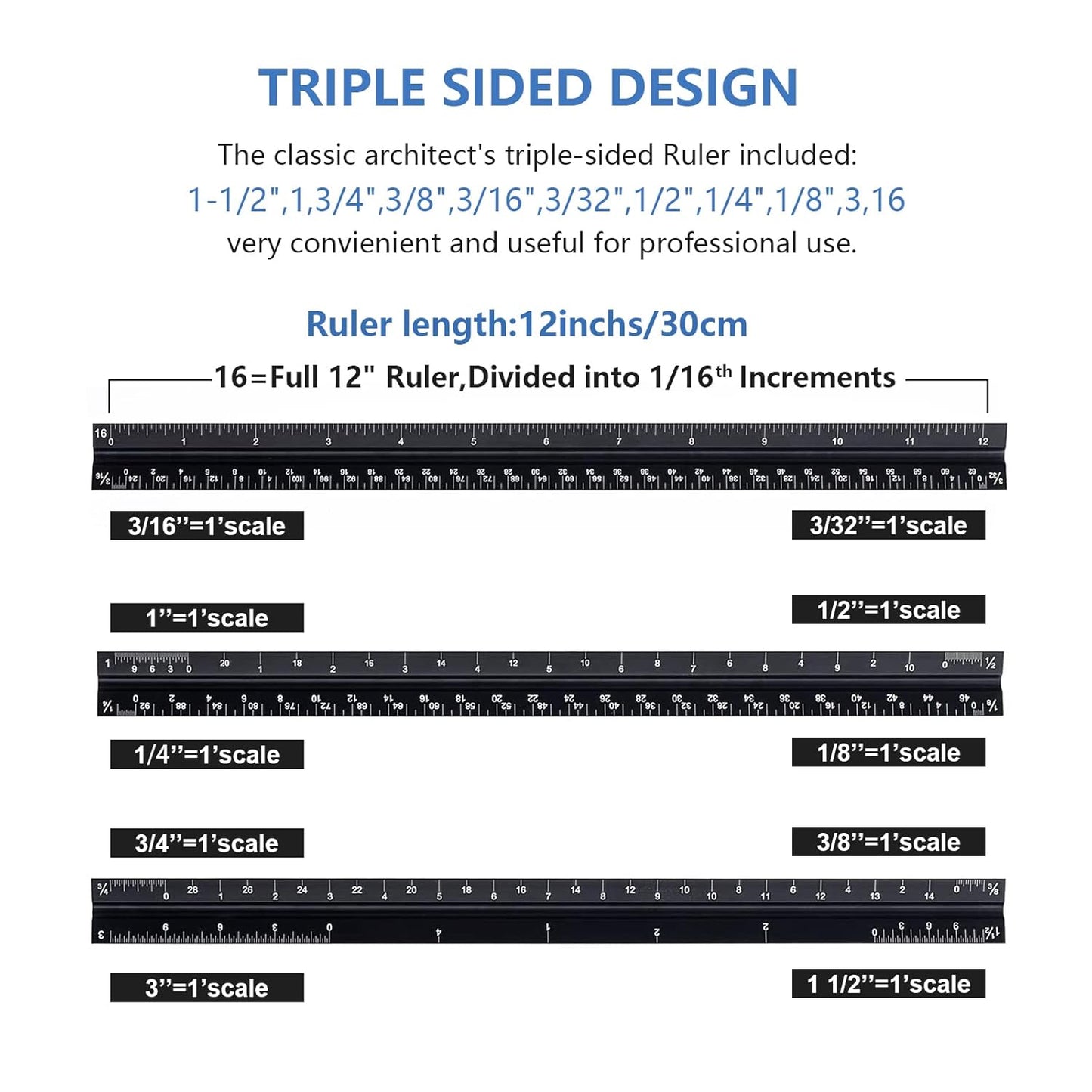 Architectural and Engineering Scale Ruler Set, Imperial Measurements 12'', Black Laser-Etched Aluminum Architect Triangular Ruler for Architects, Students, Draftsman, and Engineers