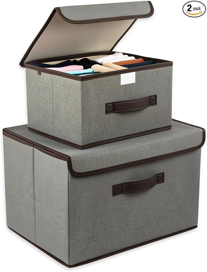 Fabric Foldable Storage Boxes [2-Pack] Large Collapsible Stackable Storage Bins with Lids Storage Cube Baskets Container Organizers for Bedroom Office