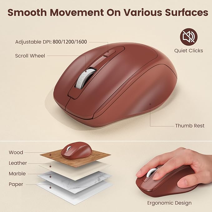 Wireless Keyboard and Mouse Combo, Retro Round Keycaps, Full-Size Stylish Typewriter Keyboard with Phone/Tablet Holder, Ergonomic Mouse with 3-Level DPI, 2.4GHz Connection for Windows/PC (Burgundy)