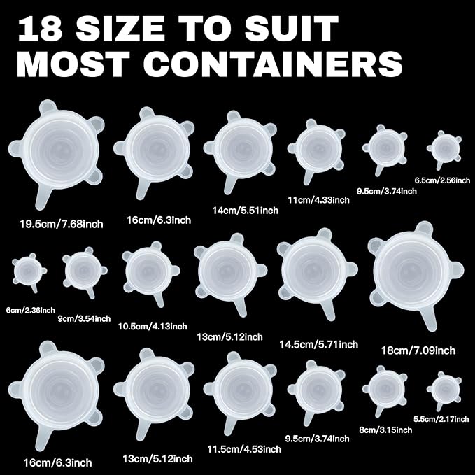 Reusable Silicone Stretch Lids18PCS Round Stretchy Food Covers, Airtight & Leakproof, Microwave & Dishwasher Safe