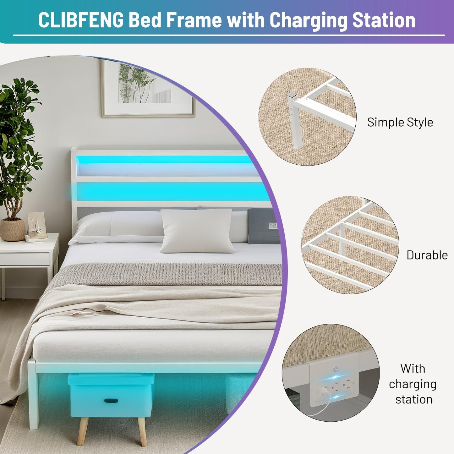 Full Size Bed Frame with Headboard,Heavy Duty Steel Slats Support-LED Bed Frame with USB Charging Station,Mattress Foundation-Under Bed Storage,No Box Spring Needed,Noise Free,White