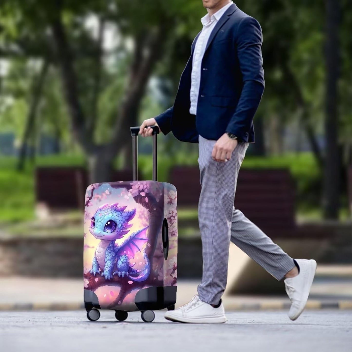 Dragon Suitcase Cover Travel Luggage Protector Washable Elastic Suitcase Covers Anti-Scratch Zip Closure Lugagge Covers for Suitcase Cherry Blossom Luggage Cover Fits 26-29 Inch, L