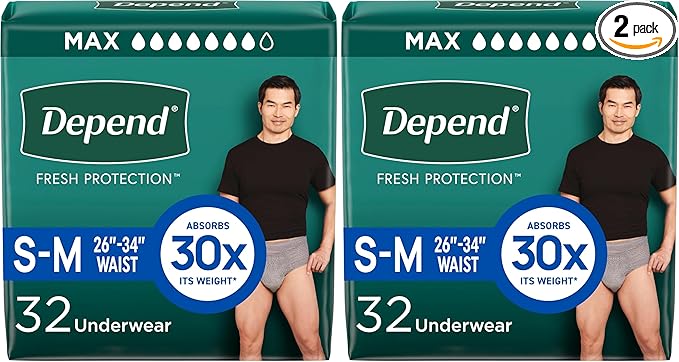 Depend Incontinence Underwear for Men, Small/Medium, 32 Count | Maximum Protection | Grey | Disposable | Pack of 2