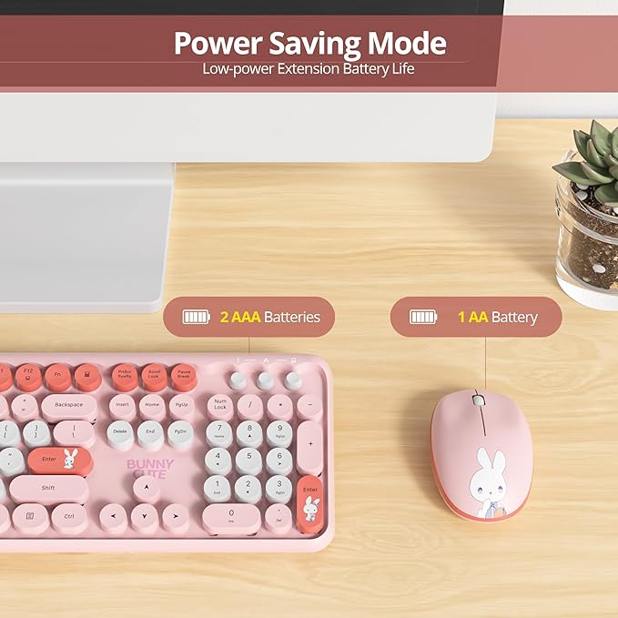 Owpkeenthy Cute Keyboard and Mouse Wireless, Colorful Keyboard Retro Typewriter Style Full-Sized with Number Pad Round Keys for Desktop, Laptop and Computerr (Bunny Pink)