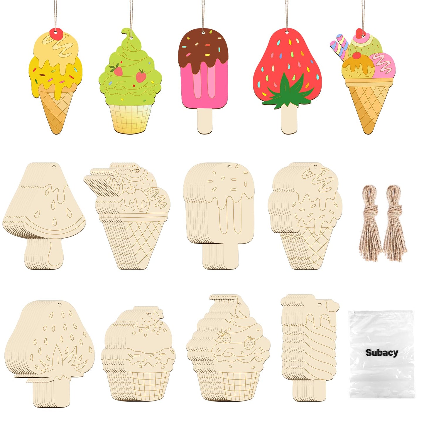 Subacy 80 PCS Unfinished Wood Cutouts 8 Styles DIY Wooden Spring Ornaments, Wooden Art Craft Painting Kit for Kids, Birthday Easter Creativity Arts & Crafts, Ice Cream Shape