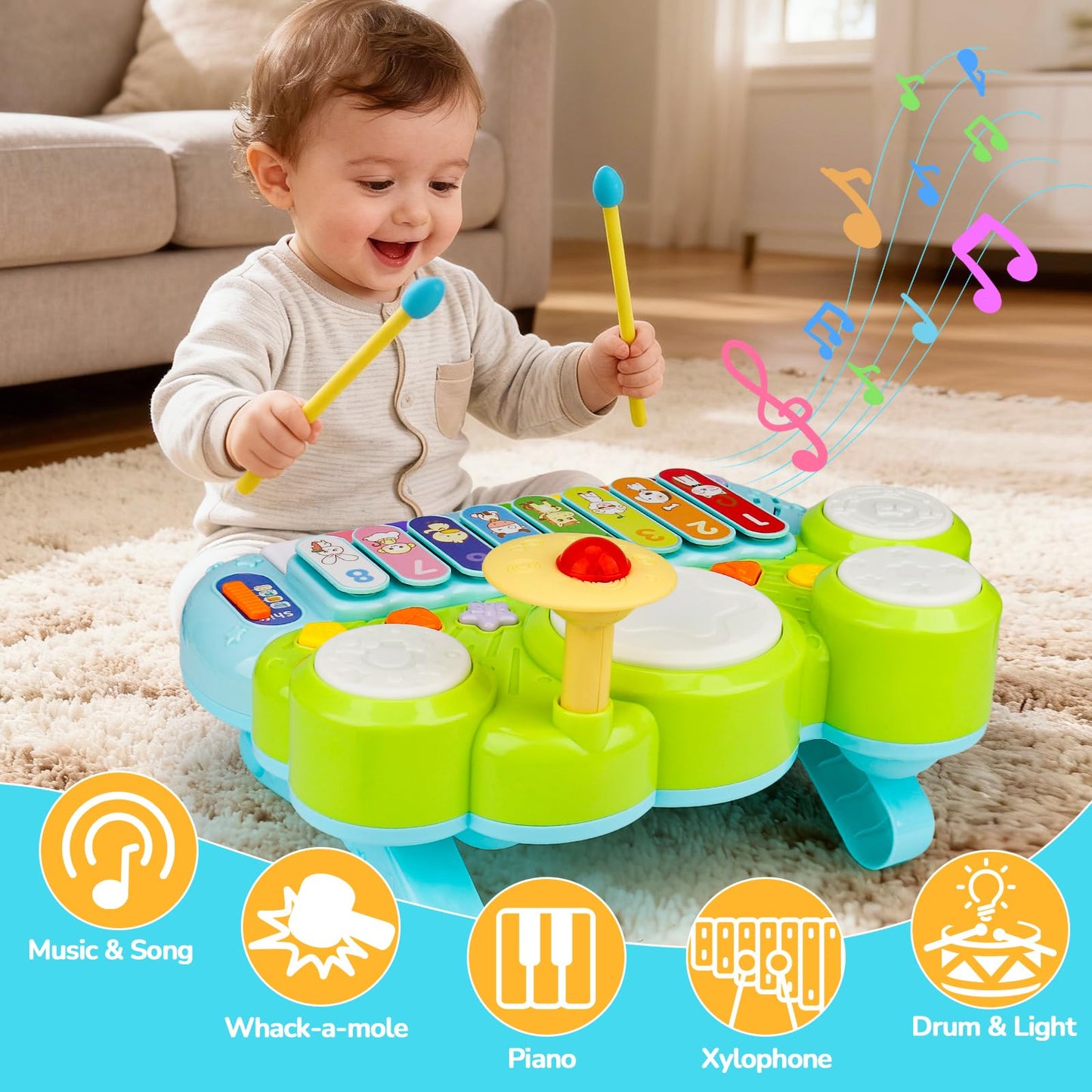 Baby Piano Drum Set for Toddlers 1-3, Musical Toys 3 in 1 Baby DJ Table Piano Keyboard Xylophone Instruments for 1 2 Year Old Boys Girls Music & Light Activity Table 6-12-18 Months Old Birthday Gifts