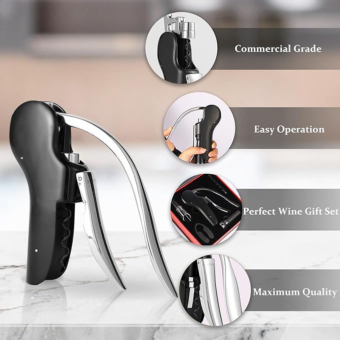 Wine Bottle Corkscrew Opener, Vertical Lever Corkscrew 5-Piece Set, Manual Vertical Design, Includes Wine Foil Cutter, Extra Spiral, Wine Pourer and Wine Stopper, Elegant Gift Box, Black