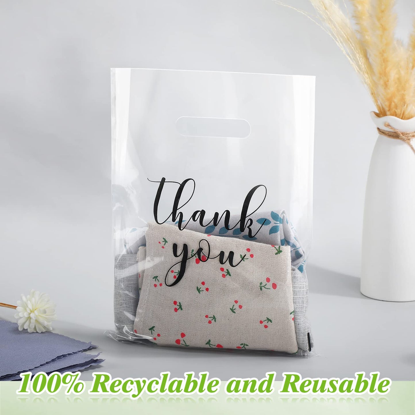 Crtiin 100 Pcs Clear Merchandise Bags Thank You Shopping Bags with Die Cut Handles T Shirt Plastic Packaging for Small Business Retail Boutique Stores Gifts (9 x 12 Inch)