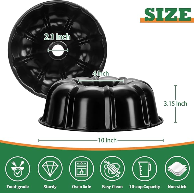 P&P CHEF 10 Inch Black Non-stick Cake Pan, Carbon Steel Fluted Tube Round Baking Pan for Pound Cake, 10-Cup Large Capacity Bakeware, Healthy & Heavy Duty, 1 Piece
