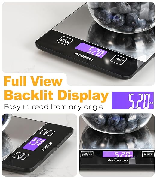Atogou Food Scale, 33lb Rechargeable Kitchen Scale with Full-View Backlit LCD Display, Waterproof Stainless Steel Surface, Type-C Charging, Grams and Ounces for Baking, Cooking, Food Black