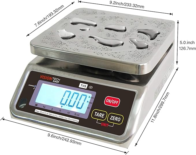 VisionTechShop TVS Portion Control Stainless Steel Washdown Scale, Lb/Oz/Kg/g Switchable, Low Profile Design, 60lb Capacity, 0.01lb Readability, Single Display, NTEP Legal for Trade, NSF Certified