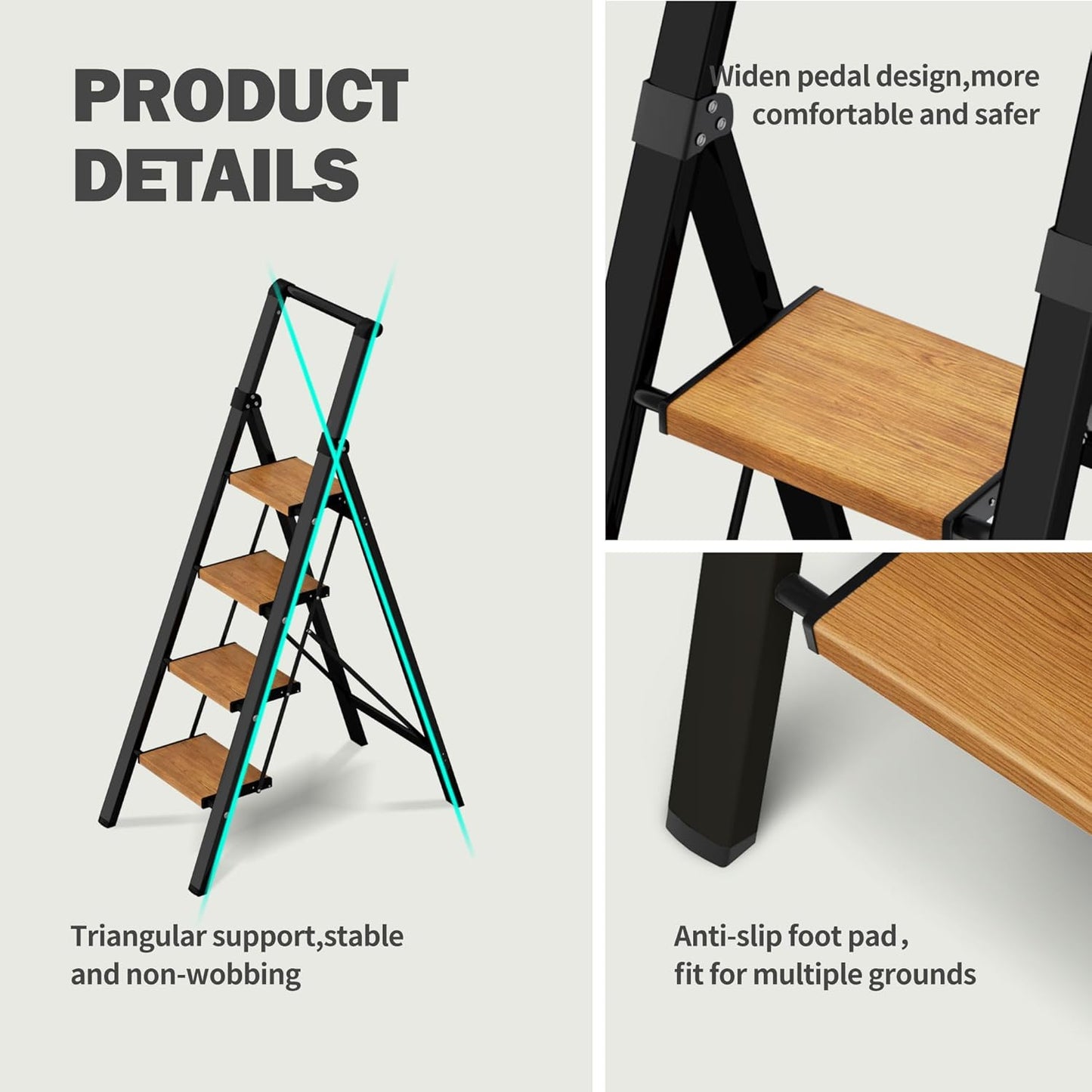 4 Step Ladder,Lightweight Folding Step Stool with Aluminum Wide Pedal& Convenient Handgrip,330lbs Capacity Steel Ladder for Household and Office(Black &Woodgrain)