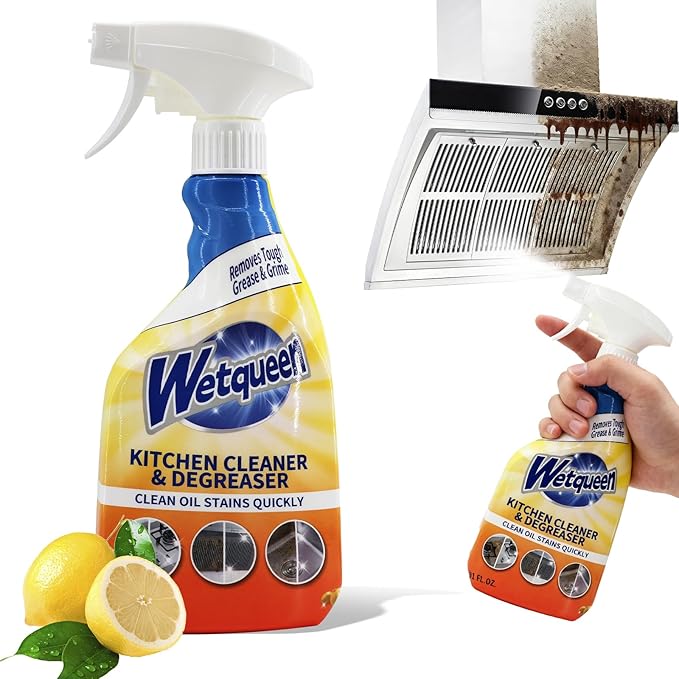 WETQUEEN All Purpose Cleaner Spray, Heavy Duty Kitchen Degreaser Foam Spray, Stubborn Stain Remover for Kitchen, Bathroom, Cooker, Countertops, Tiles, Dual-Spray Nozzle, Lemon Scent, 16.91 Fl Oz