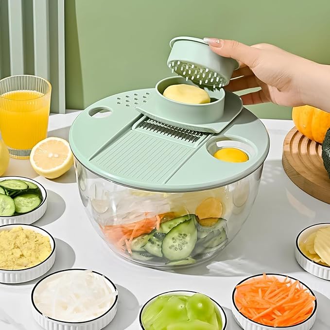 Salad Spinner Large-5.3 Qt Vegetables Fruits Wash Spinner Bowl,Lettuce Spinner Dryer with 5 Blades,Egg Yolk Strainer Slicer Shredder for Kitchen Colander,Pasta and Fries Spinner-Green