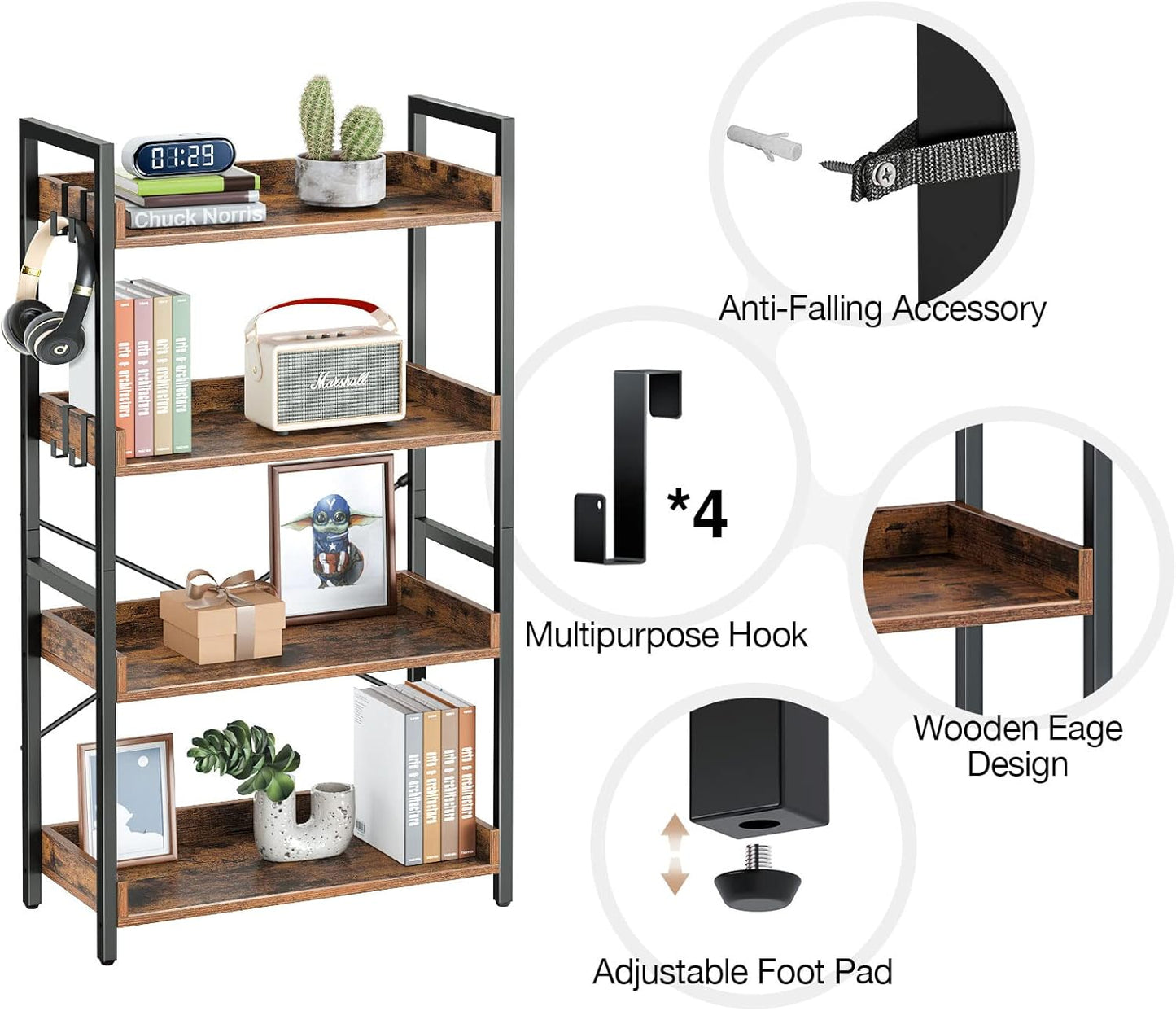 Rolanstar Bookshelf 4 Tier with 4 Hooks, Industrial Bookcase, Vintage Storage Rack with Open Shelves, Rustic Standing Bookshelves Metal Frame Display Rack for Living Room, Bedroom, Rustic Brown
