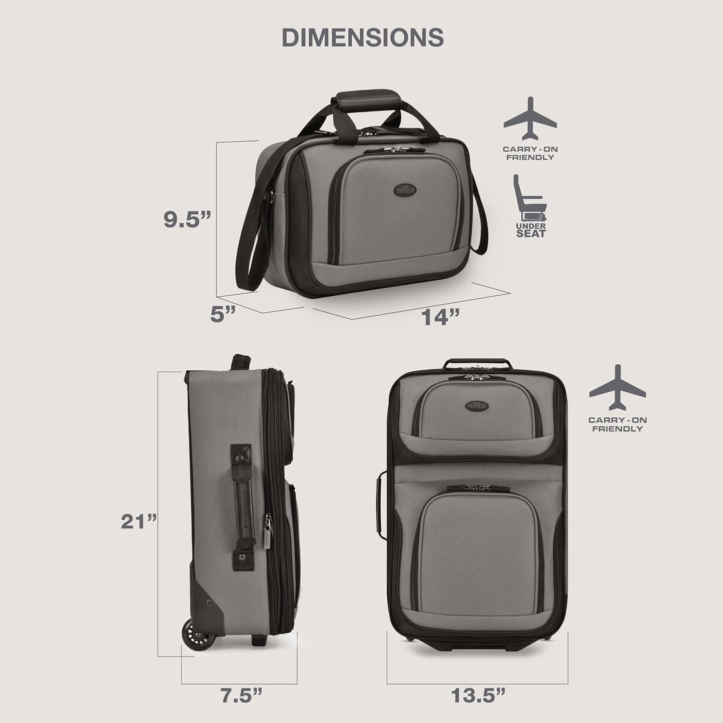 U.S. Traveler Rio Fabric Expandable Carry-on Luggage, Rolling Suitcase, Grey, 2 Wheel Set