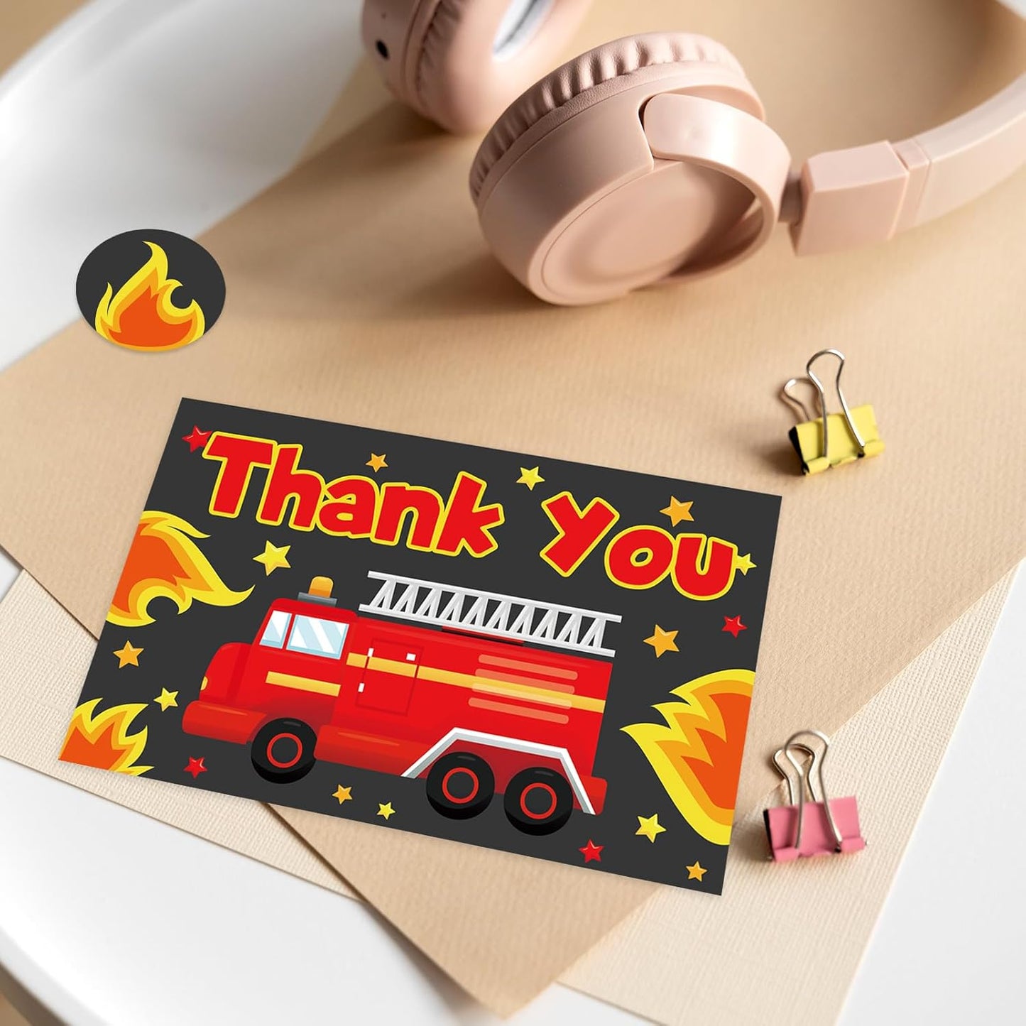 Whaline 24Pcs Firetruck Thank You Cards with Envelopes and Stickers Red Black Fire Hydrant Star Greeting Card Blank Note Card for Fireman Party Supplies