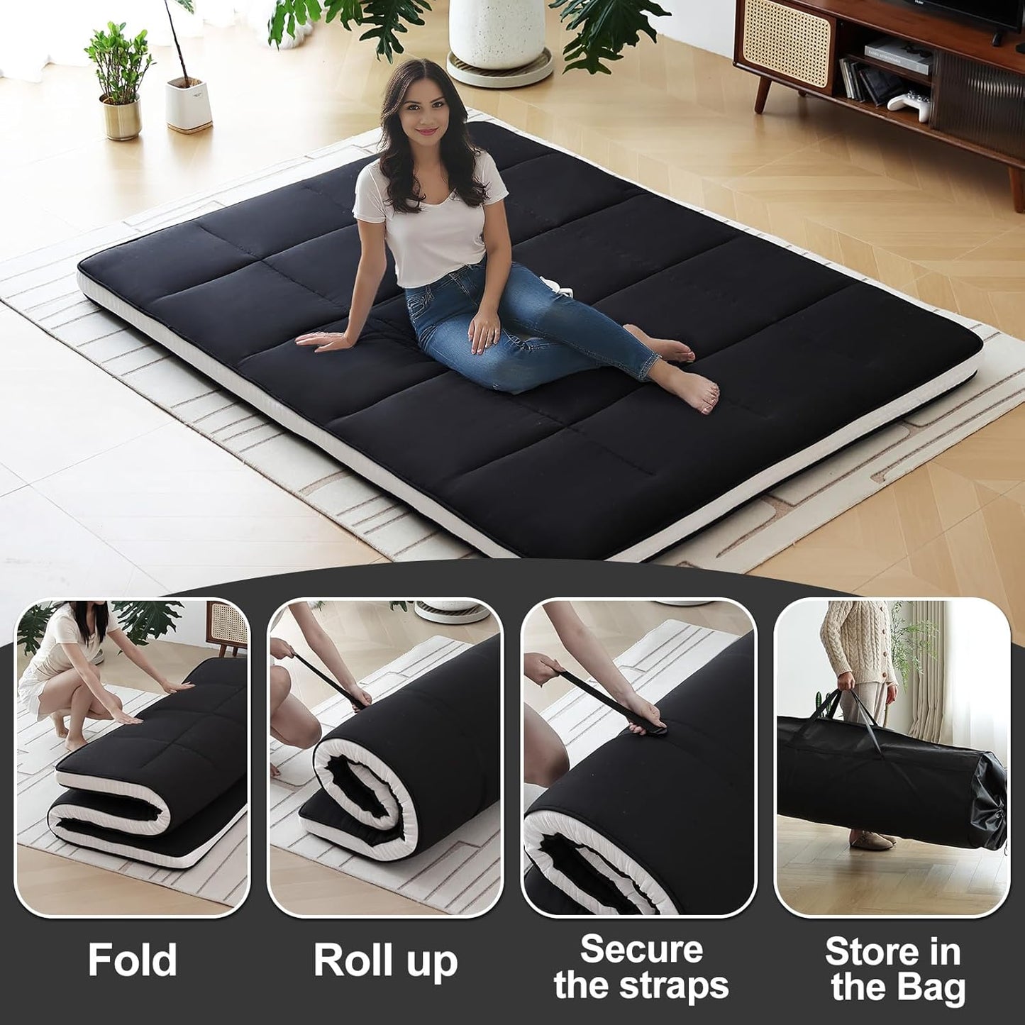 Tiita Queen Memory Foam Mattress Topper, 4" Thicken Futon Floor Mattress with Storage Bag and 2 Straps, Portable Roll Up Travel Car Camping Mattress Sleeping Pad, Black
