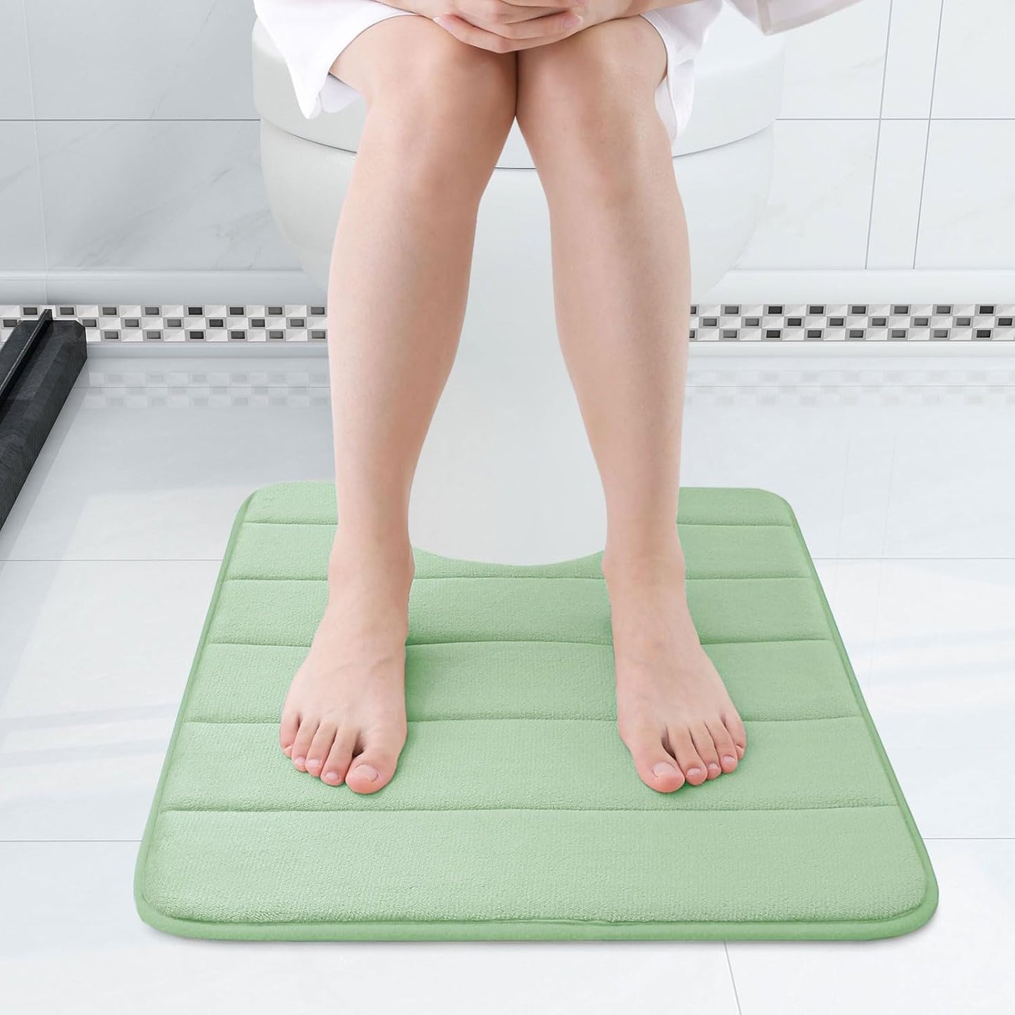 Buganda Memory Foam U-Shaped Contour Toilet Rugs, Non Slip Absorbent, Thick Soft Washable Bathroom Mat, Floor Carpet Bath Rugs Mat for Toilet Base (24" x 20", Sage Green)