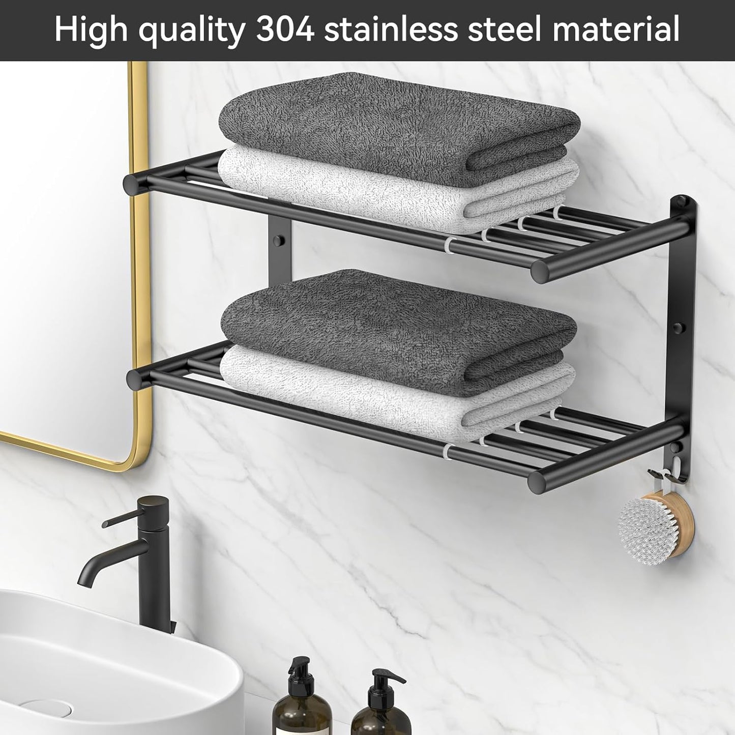 Black Adjustable Towel Bar for Bathroom Wall Mount17-30.7inch Adhesive Shower Towel Rack Stainless Steel Bath Towel Holders for Toilet Kitchen Double Towel Hanger (Black Double Towel Rack)