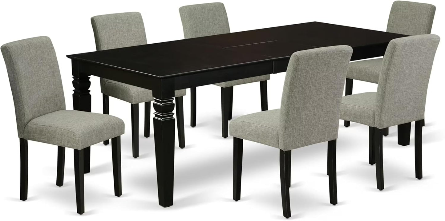 East West Furniture LGAB7-BLK-06 7 Piece Dining Room Table Set Consist of a Rectangle Wooden Table with Butterfly Leaf and 6 Shitake Linen Fabric Upholstered Chairs, 42x84 Inch, Black