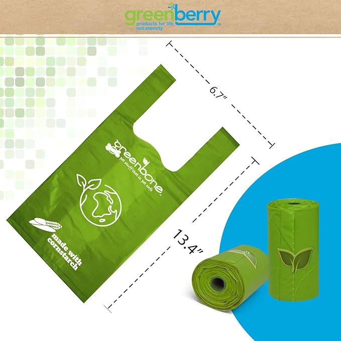 Greenbone BioBase Cat or Dog Poop Bags Rolls with Handle Tie, Large Leak Proof- 12 Rolls -144 refills