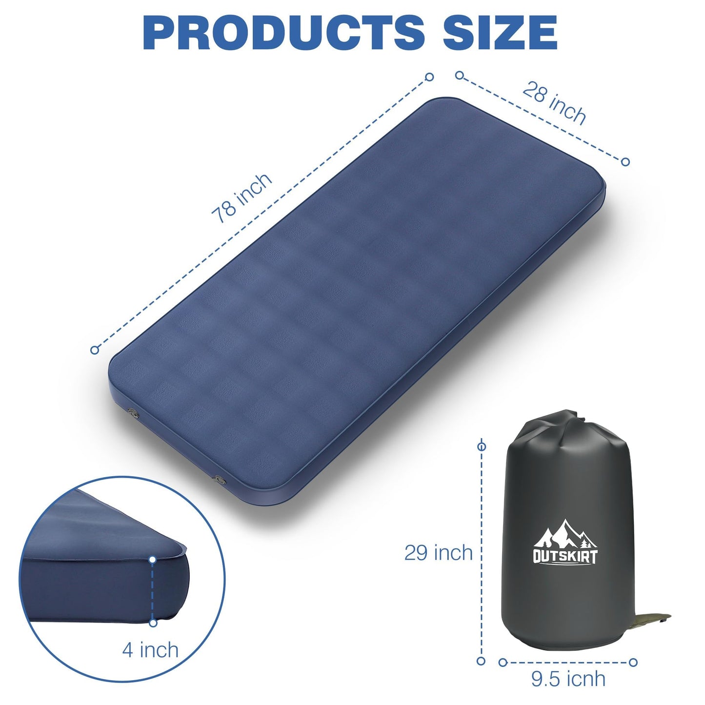 OUTSKIRT Ultralight Self Inflating Sleeping Pad, 4" Thick Camping Mattress with Pump Pack, 9.5 R-Value Insulated Sleeping Mat, Portable Camping Bed for Tent, Car, Truck or Van, 4 Season Camp Mattress