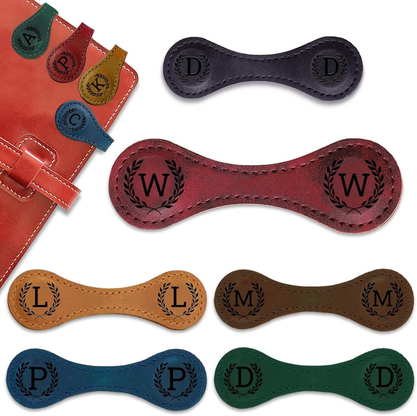 Personalized Magnetic Leather Bookmark - 26 Letters Vintage Engraved Book Marks,Custom Bookmark with Initial,Bookmarks for Women,Reading,Book Lovers (Red, W)