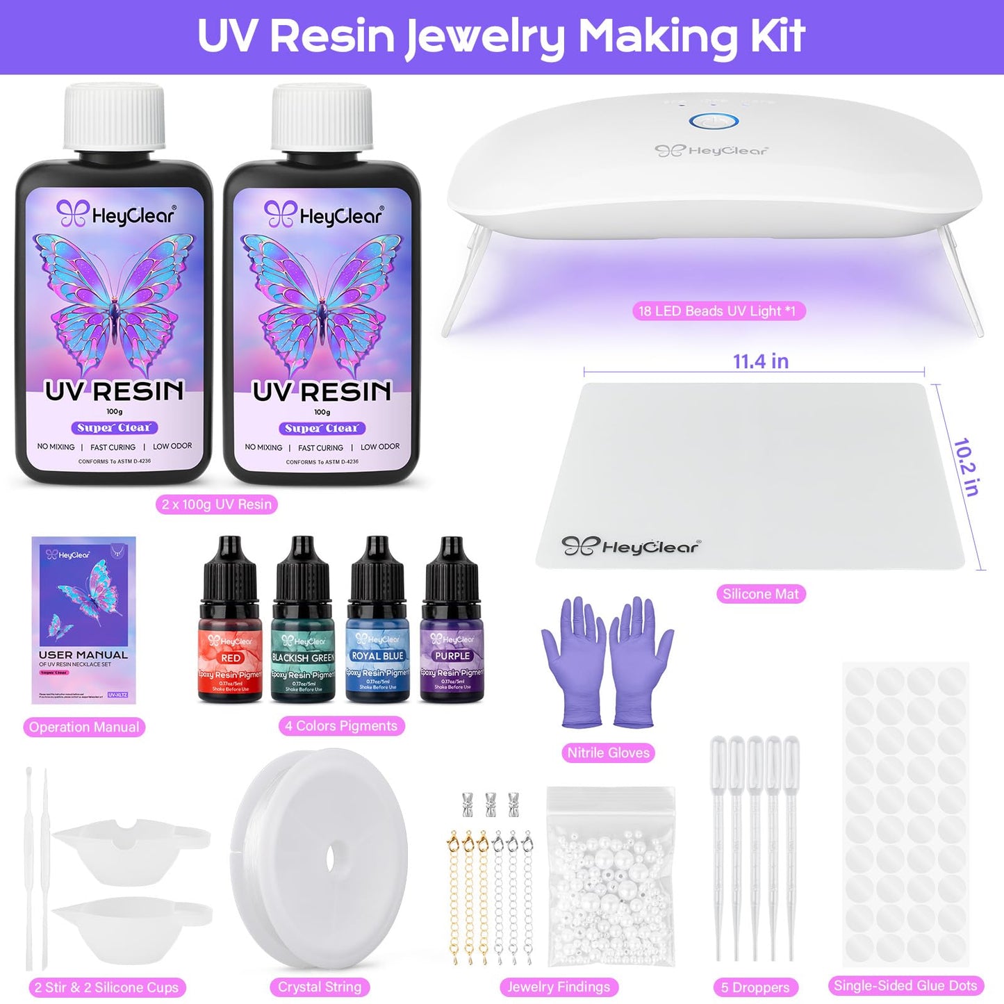 HeyClear UV Resin Kit Jewelry Making Supplies with 18 LED Beads UV Light -200g UV Resina Clear, Hard, Premixed and Fast Curing UV Glue for Coating, Create Decorations, DIY Art Crafts for Adults