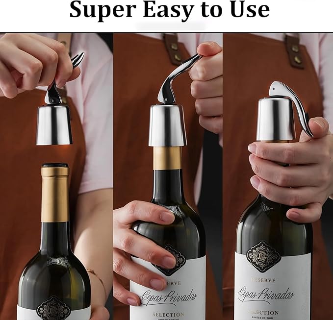 Pafusen Wine Stoppers Set of 4, Stainless Steel Wine Bottle Stopper with Silicone Seal, Reusable Wine Freshness Keep, Wine Saver Wine Bottle Sealer Stopper, Wine Accessories Gift (4 Pack, Silver)