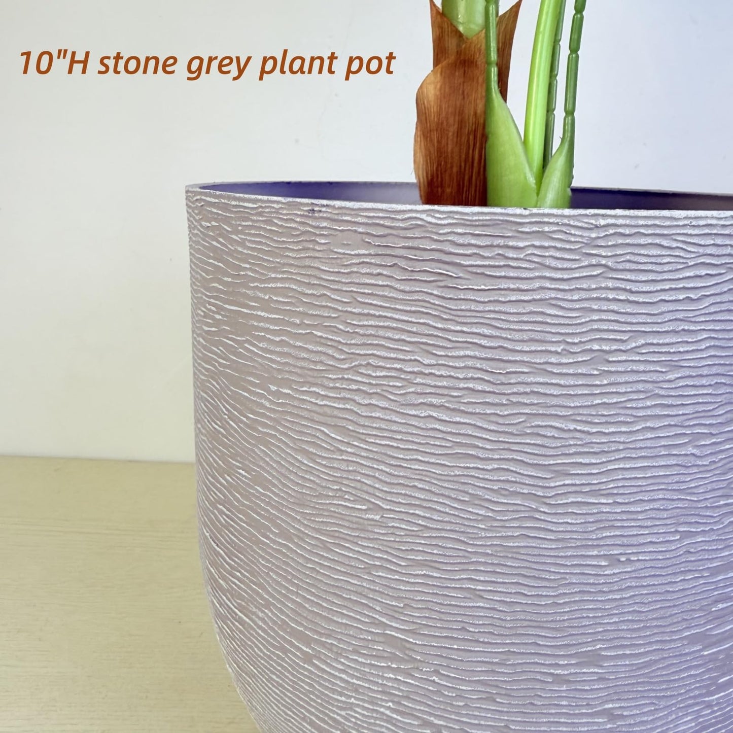10 inch Plant Pots Stone Finish Lightweight Flower Planter with Drainage Hole for Outdoor Garden Patio Indoor Greenery, Set of 2 (Light Grey)