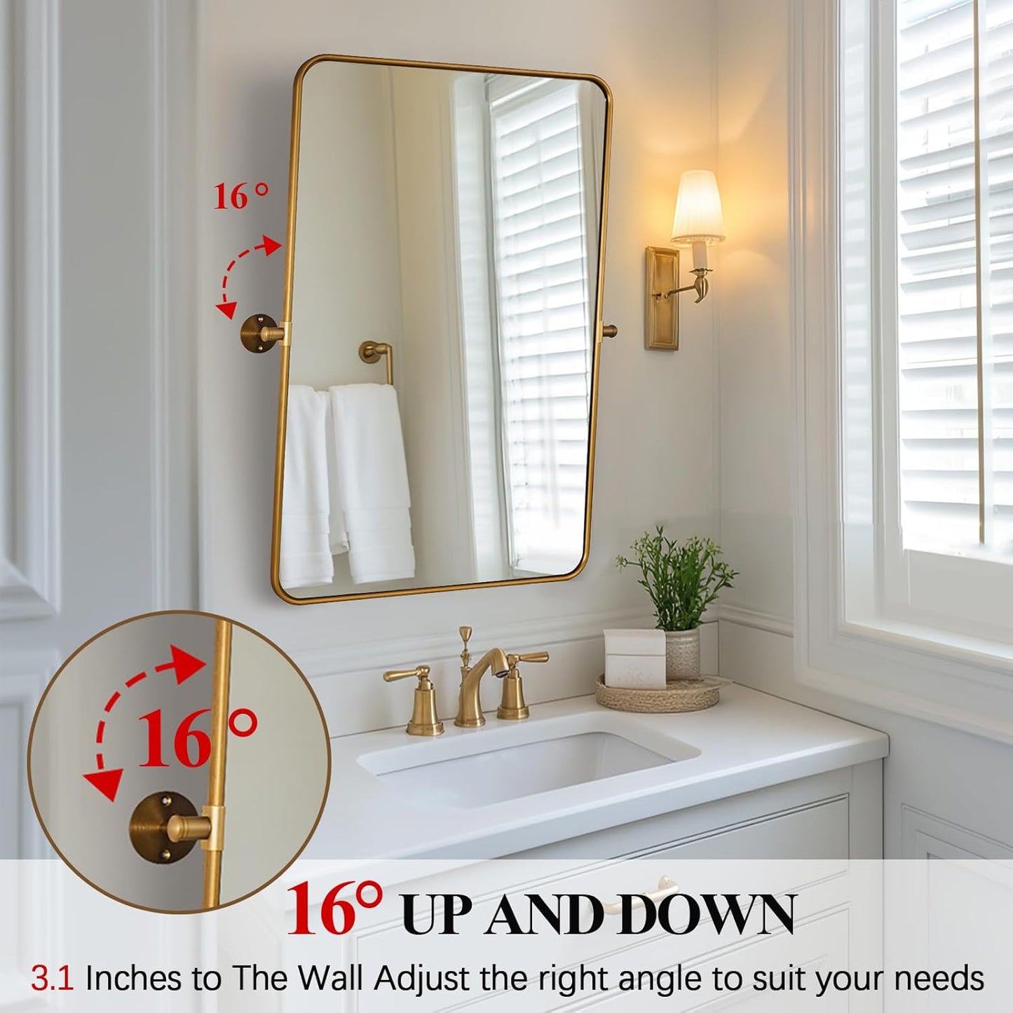 ANDY STAR Gold Pivot Mirror, 20" x 28" Brushed Brass Metal Frame Vanity Mirrors for Over Sink, Farmhouse Rectangle Bathroom Mirror with Adjustable Tilting Design Wall Mounted